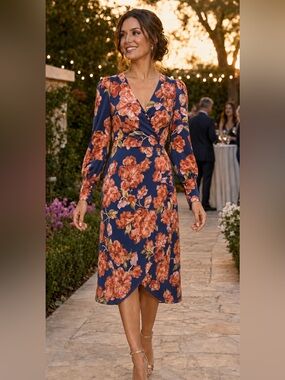 Alexia Admor Navy Coral Floral Faux Wrap Midi Dress Size 8